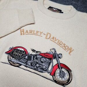 Harley Davidson Vintage Embroidered Motorcycle Cream Crewneck Sweater Medium USA